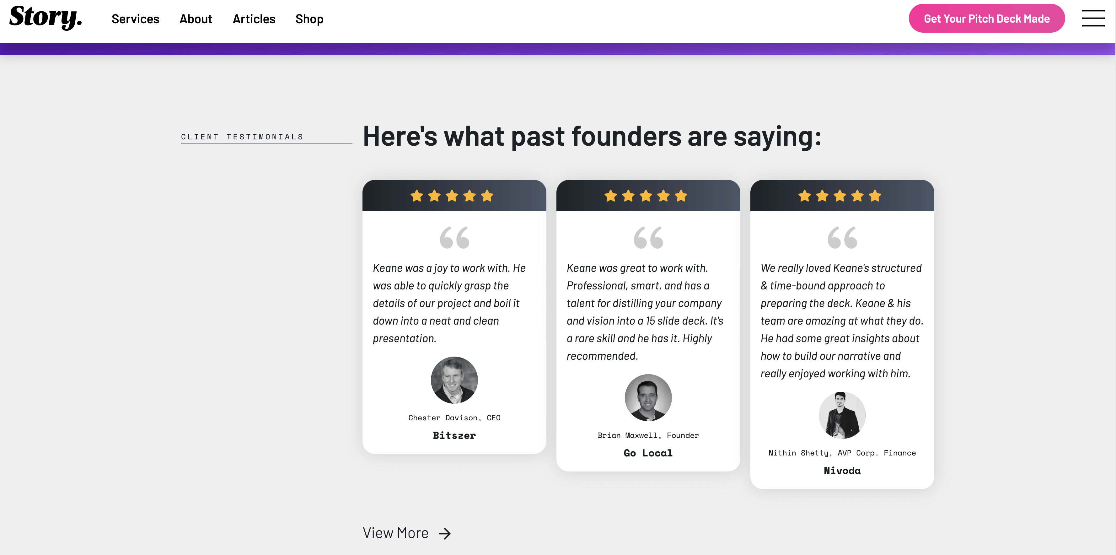 A testimonial section on storypitchdecks.com with five star ratings!